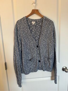 J. Crew Marled Navy and White Button-Front Cardigan